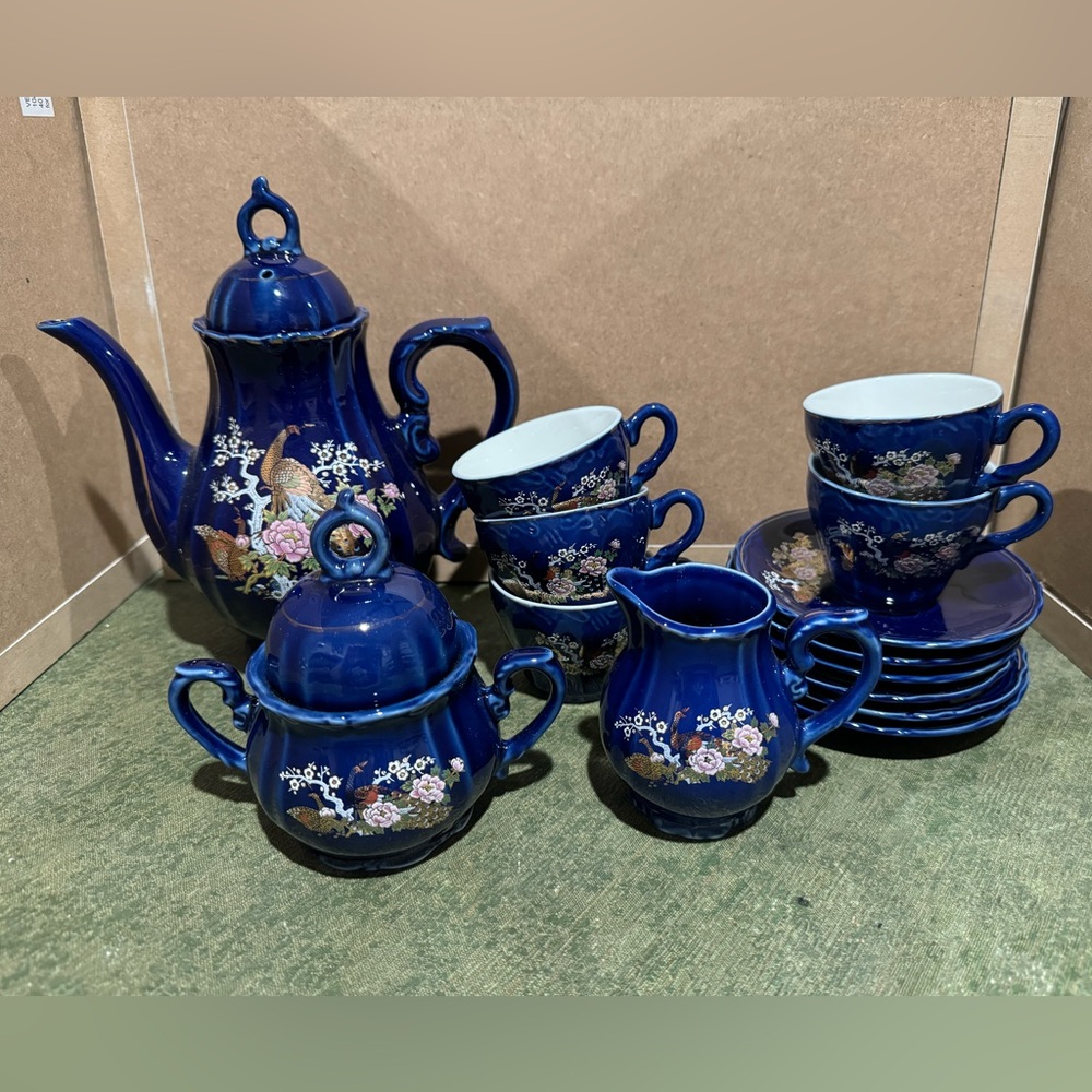 Vintage Japanese Cobalt Blue Music Box Tea Set-14 Pieces-Peacock/Oriental Floral